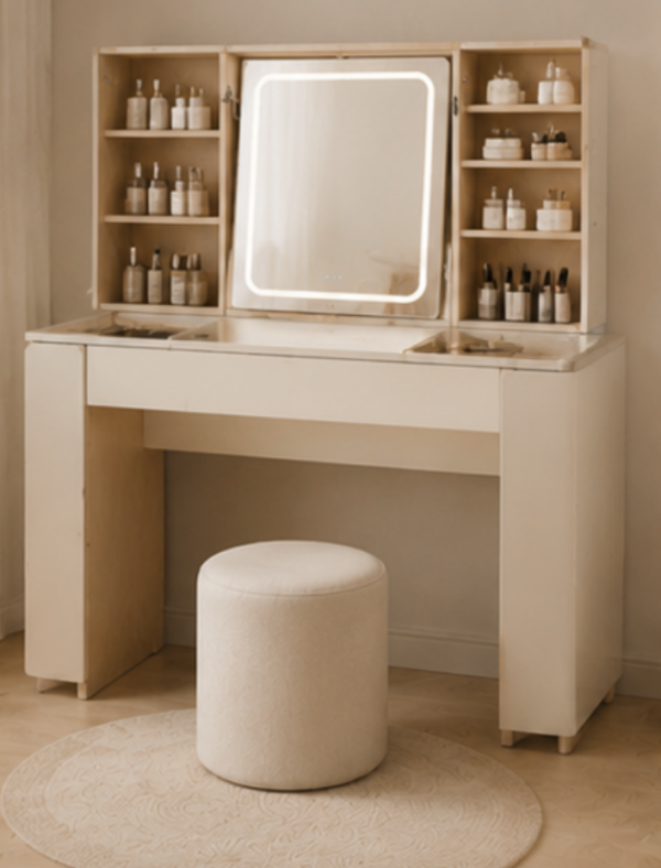 Vanity Table with Integrated Mirror Storage